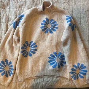 Floral Intarsia Knit Sweater | Brown & Blue | Size M